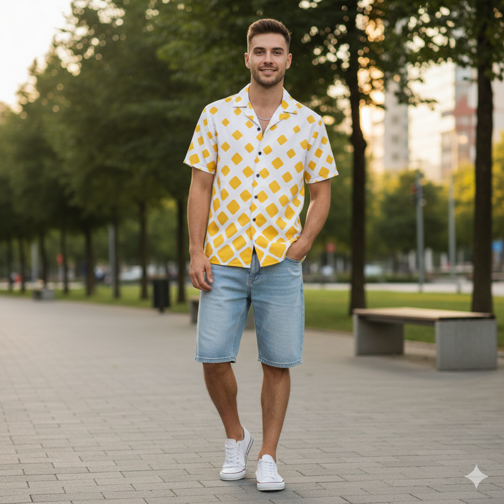 ÁRTIKO Yellow Geometric Short-Sleeve Button-Up Shirt
