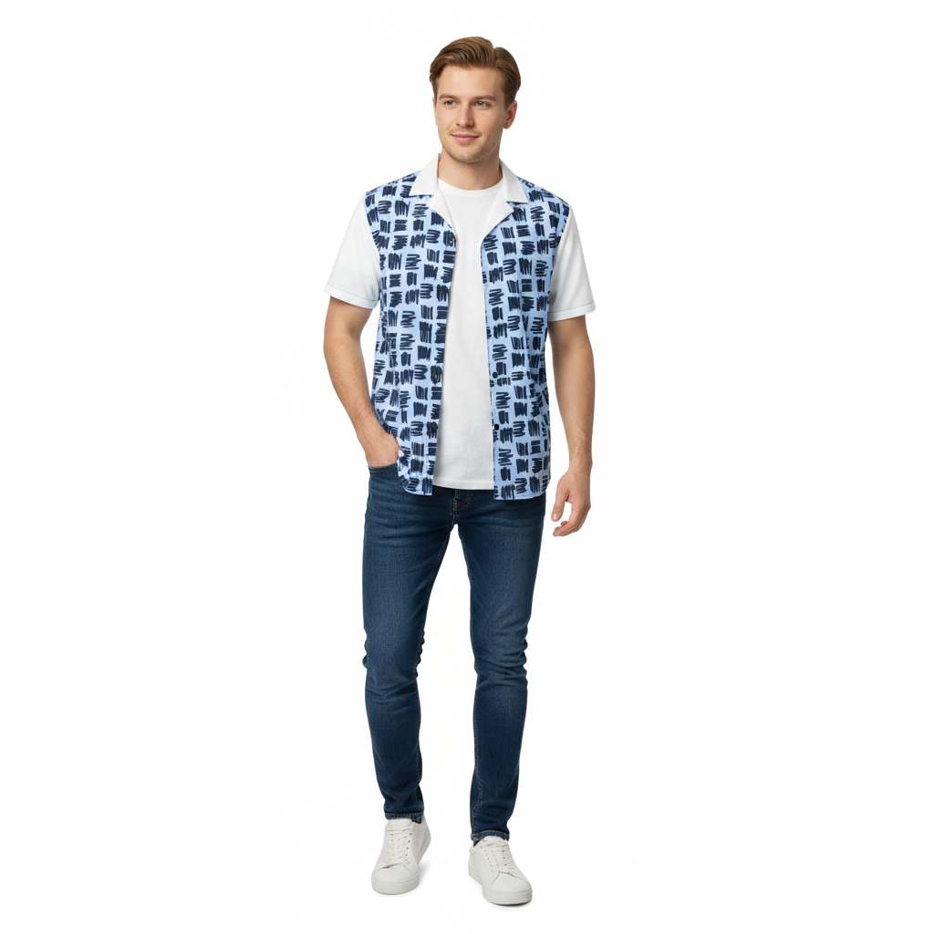 ÁRTIKO Blue Geometric Short-Sleeve Button-Up Shirt
